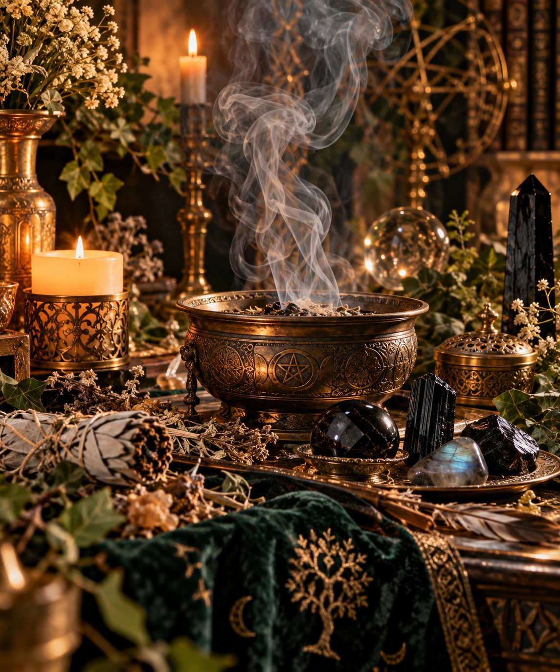 Composition mystique avec encens fumant, bougies, pierre de lune noire, obsidienne et tourmaline
