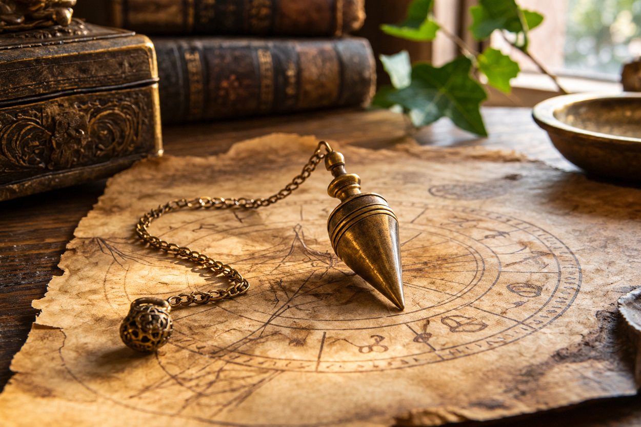 Pendule ancien en laiton posé sur un parchemin, sur une table en bois